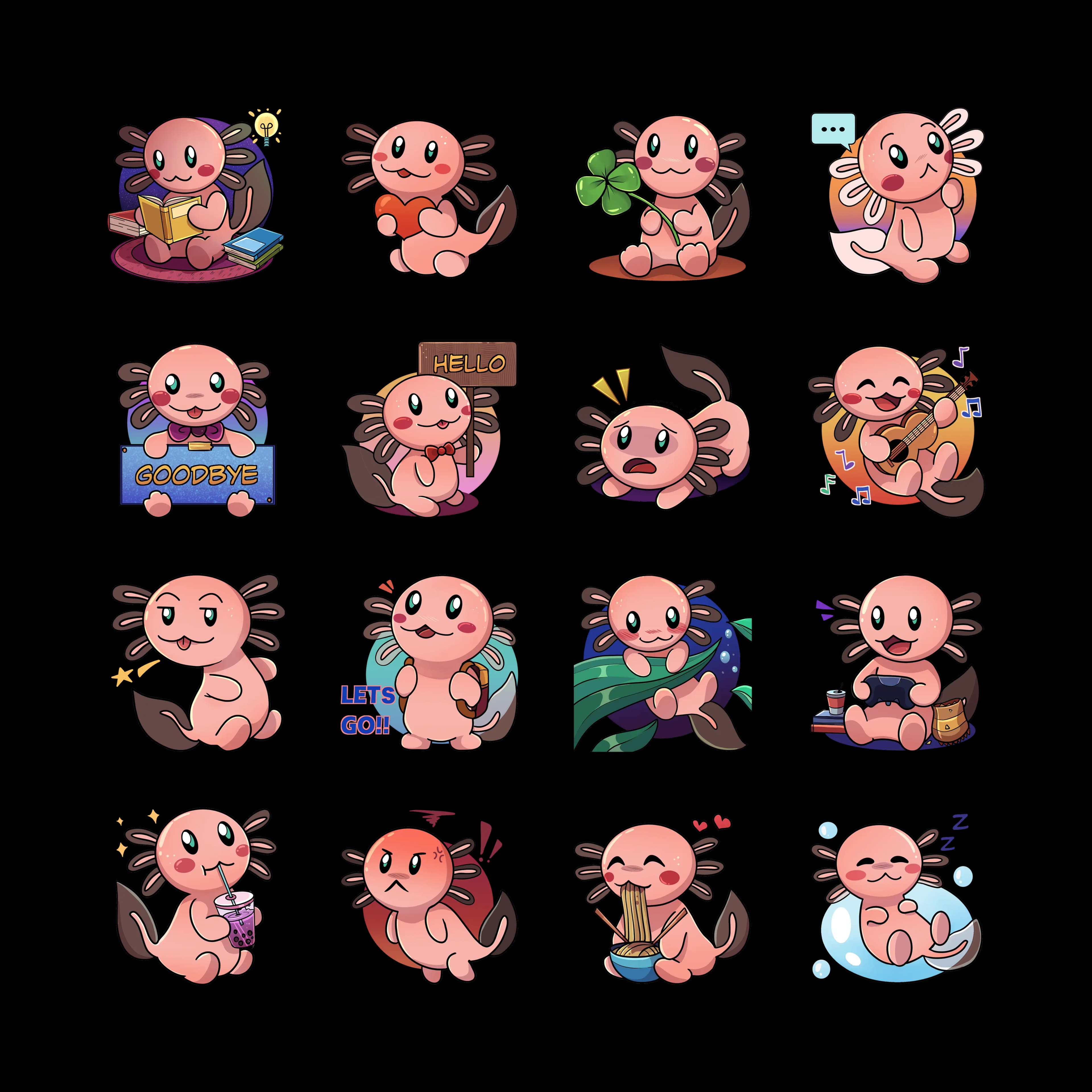 Pack de stickers de ajolotes para chat en Socialler - 16 stickers animados