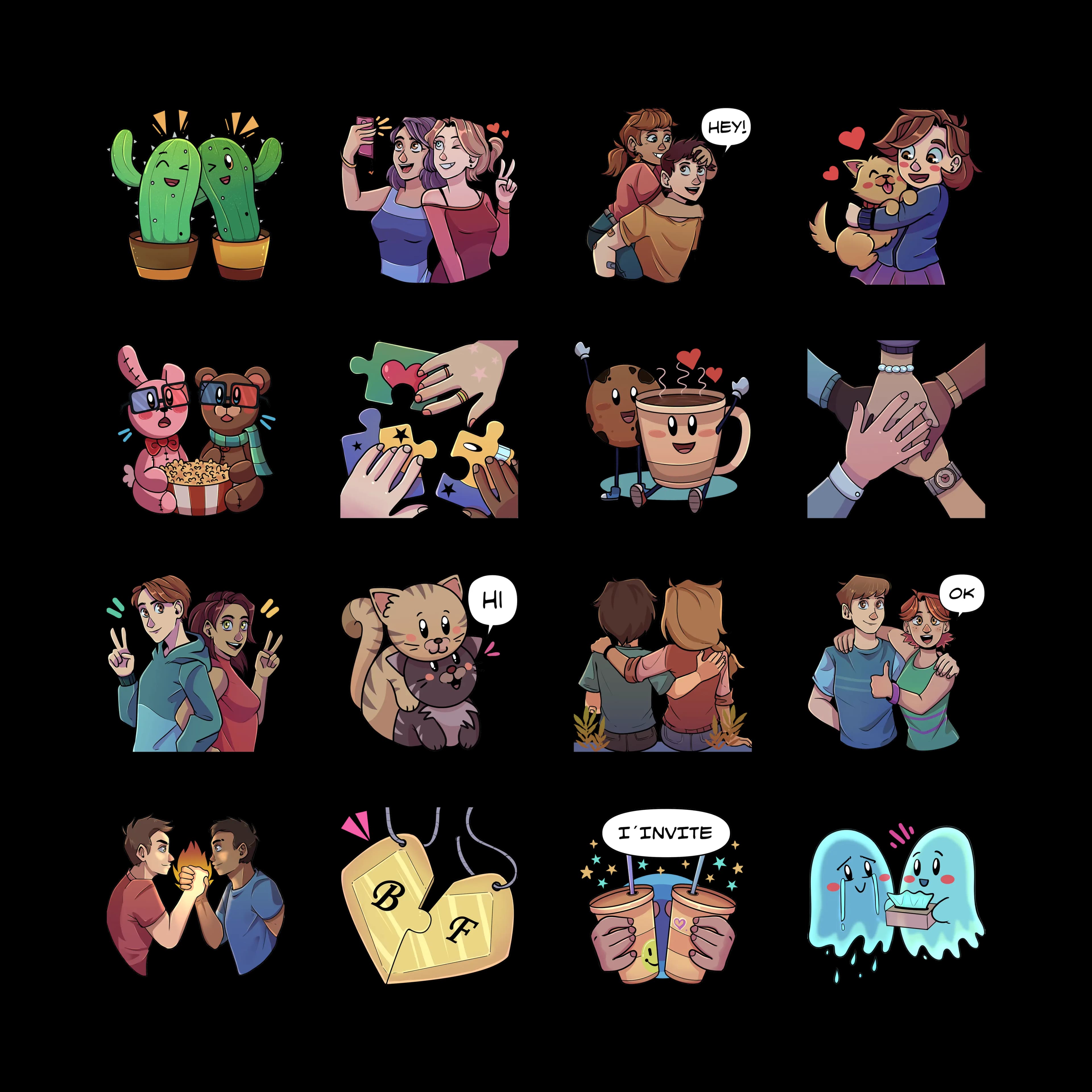 Pack de stickers de amistades para chat en Socialler - 16 stickers animados