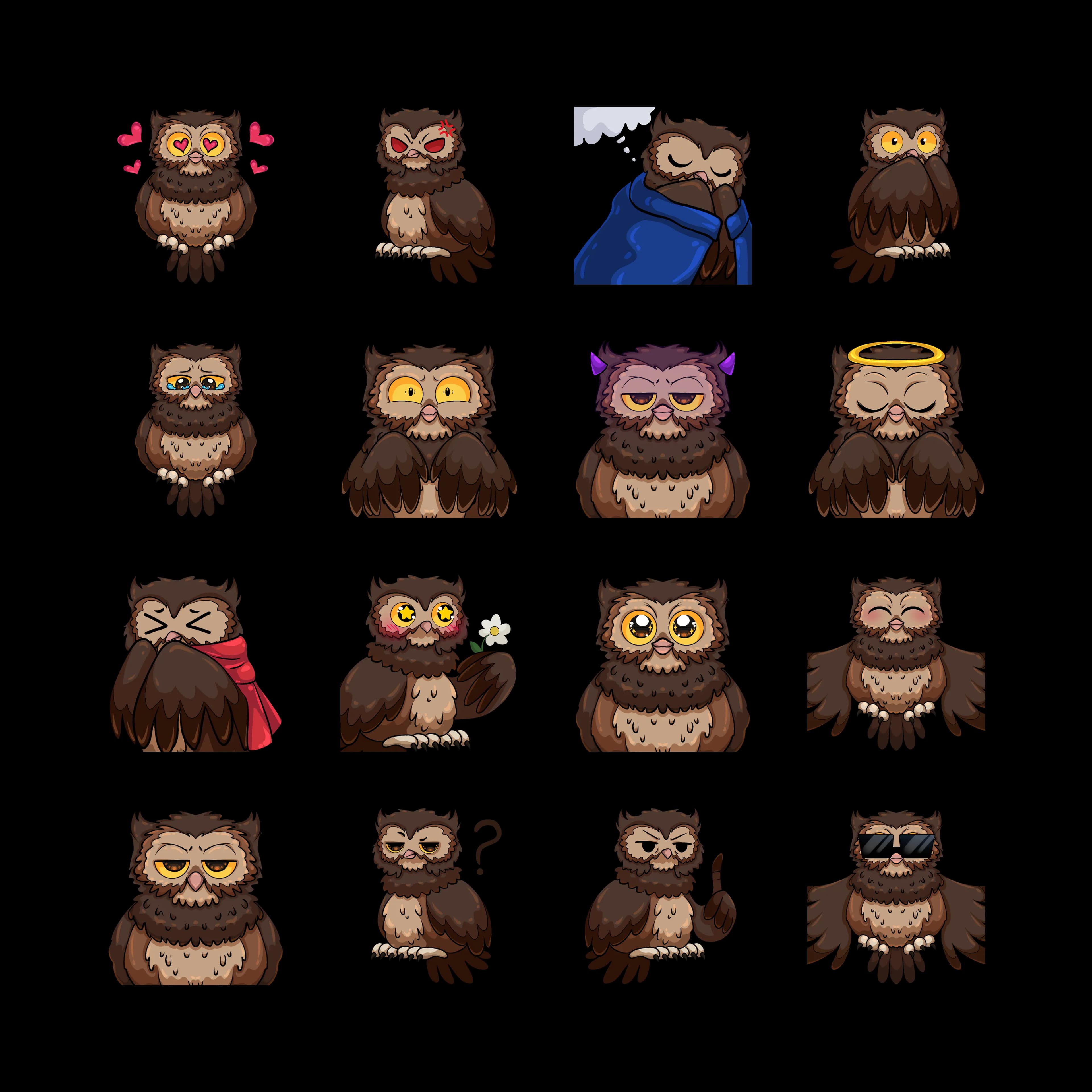 Pack de stickers de búhos para chat en Socialler - 16 stickers animados