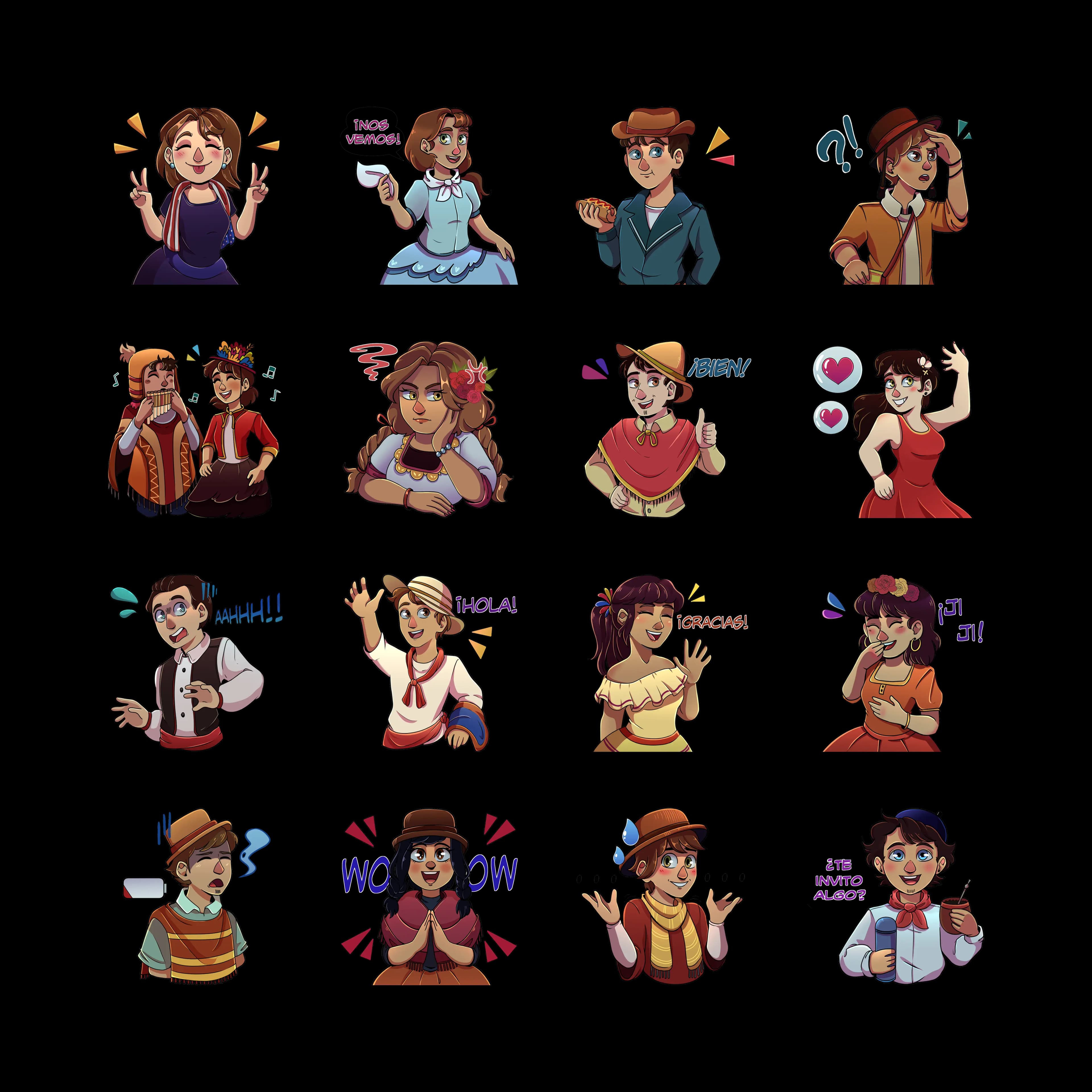 Pack de stickers de cultura latinoamericana para chat en Socialler - 16 stickers animados