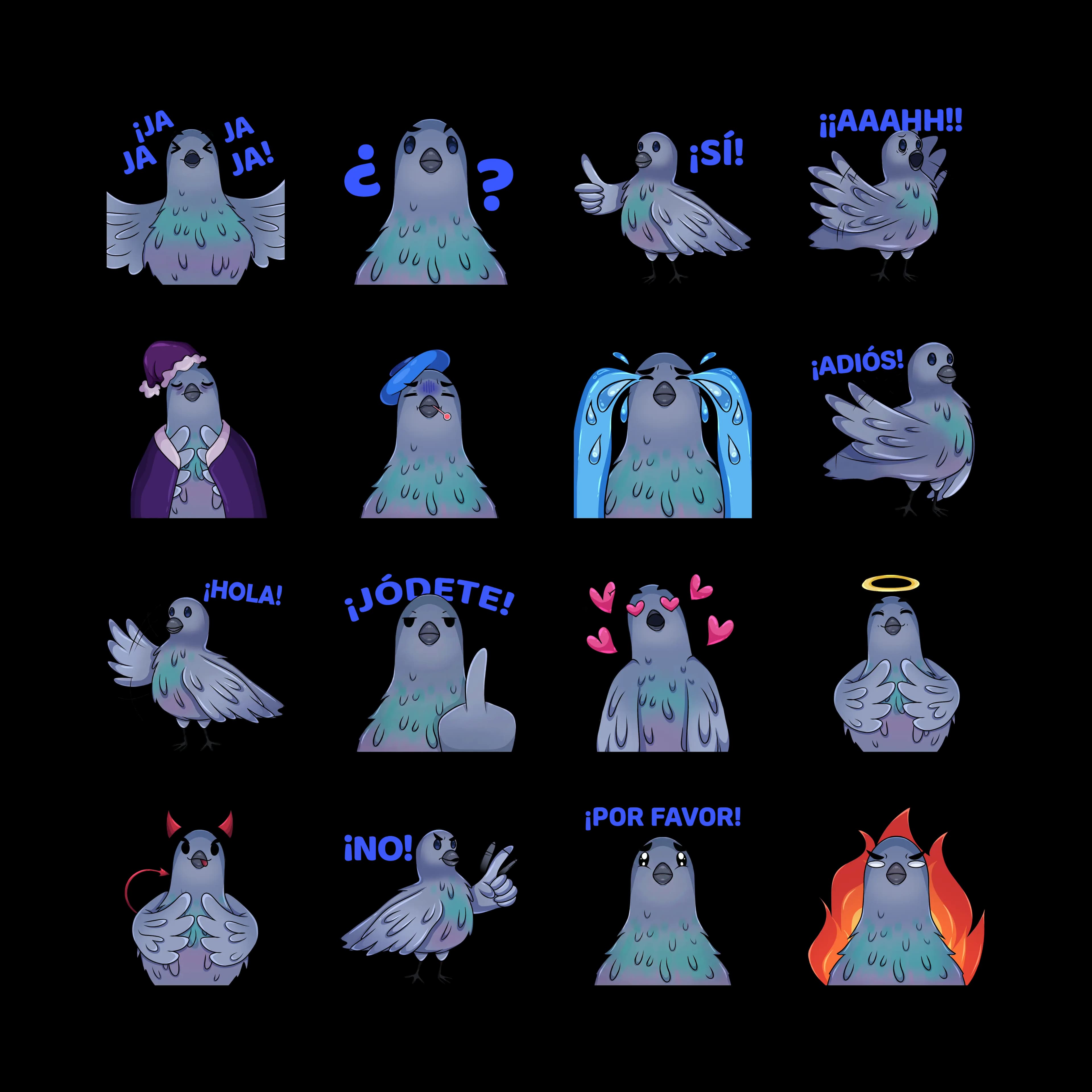 Pack de stickers de palomas para chat en Socialler - 16 stickers animados